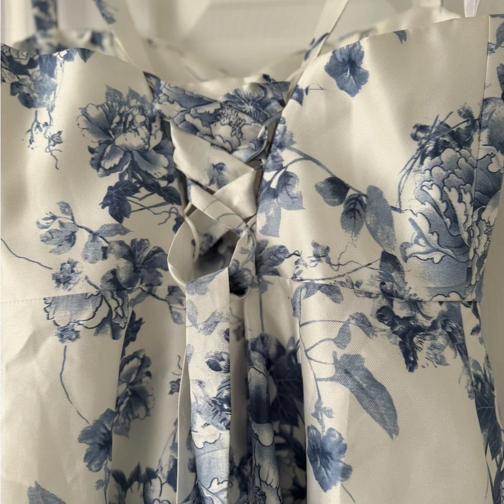 ALFRED SUNG Blue Floral Lace Up A-Line Gown - Picture 13 of 16